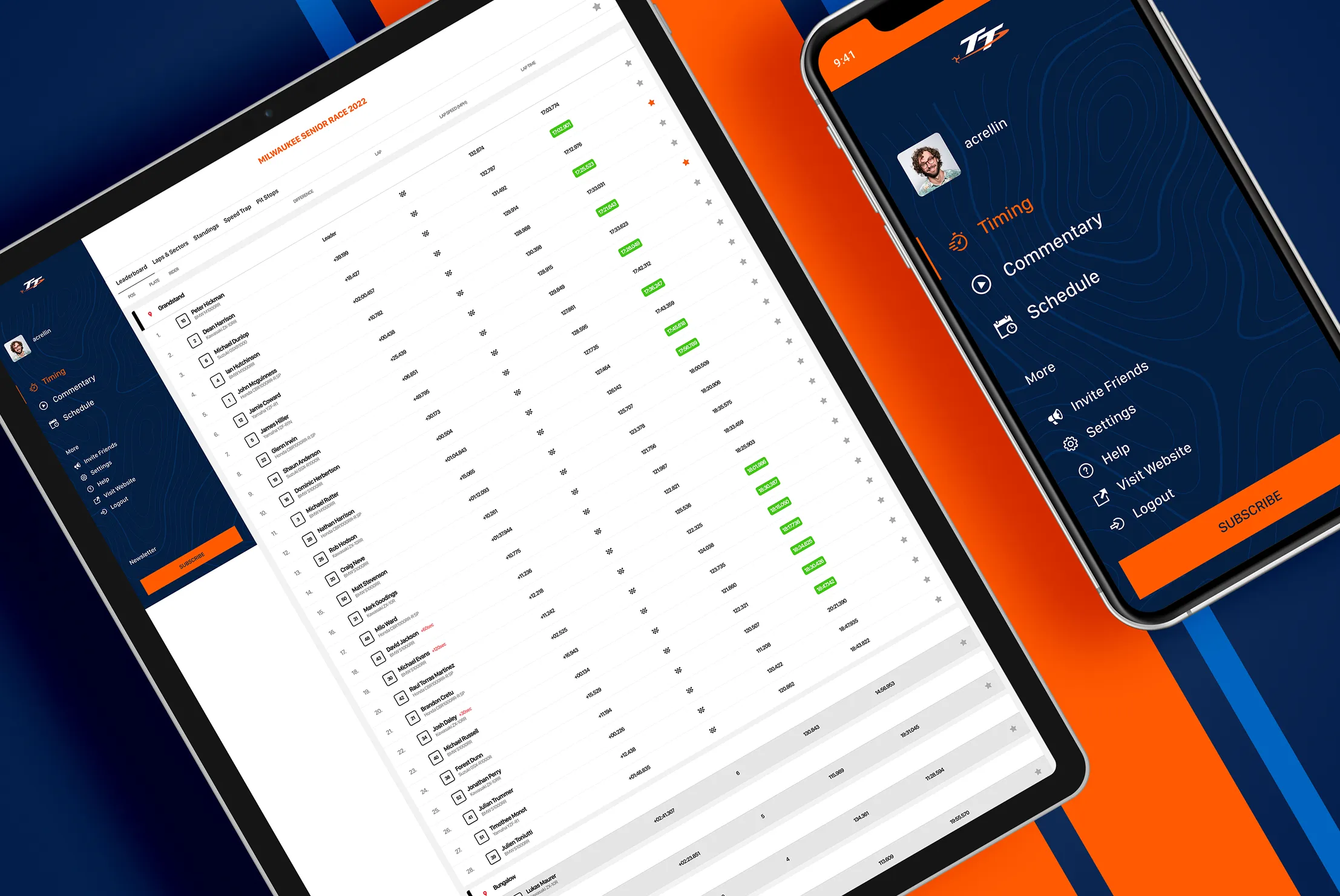 Tablet displaying the TT Trophy live timing leaderboard in white with green sector indicators on an orange and navy branded background